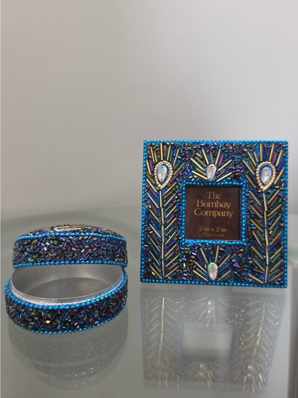 Blue Beaded Photo Frame and Bangle Set by Bombay company in box